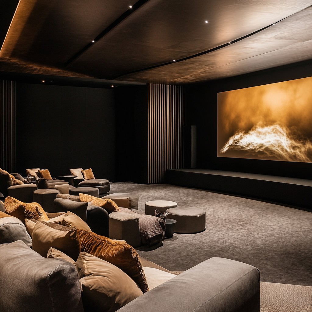 Luxurious private home theater with plush seating, dim lighting, and a large screen displaying abstract visuals.