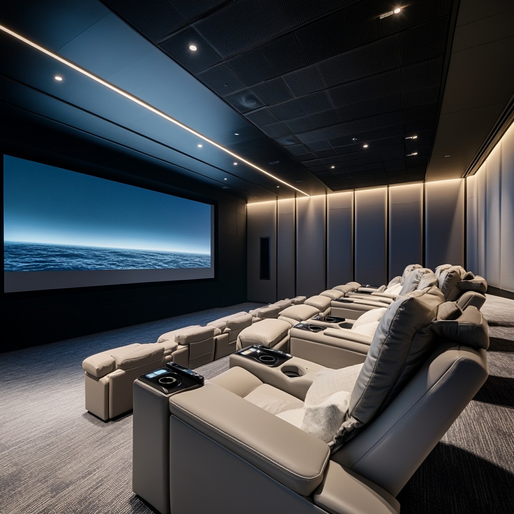 Modern private theater room with tiered reclining leather seats, cup holders, and a large screen displaying an ocean horizon scene under ambient ceiling lighting.