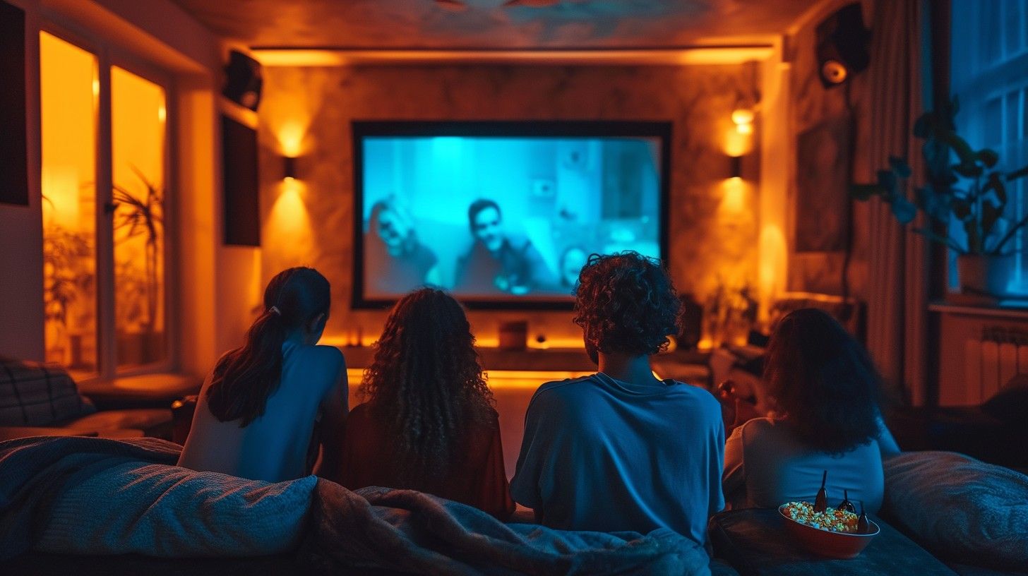 Couple sitting on a mustard yellow couch watching a jet scene on a wall-mounted TV, surrounded by bookshelves, plants, and surround sound speakers.